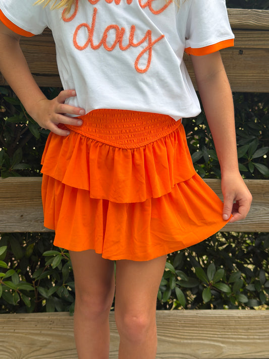 Orange Smocked Mesh Skort